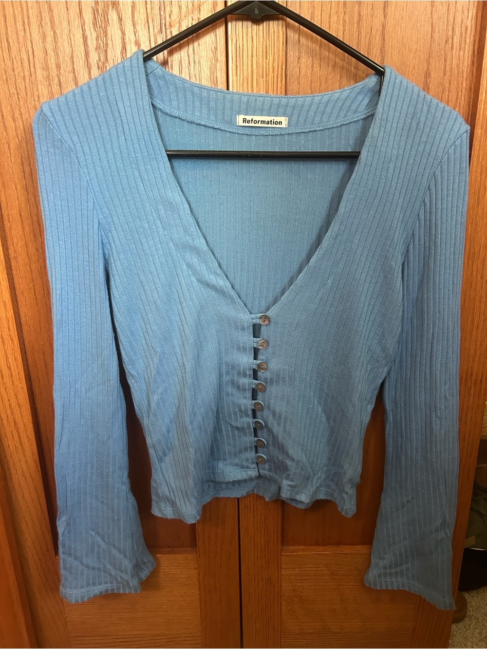Reformation Powder Blue Ribbed Button-Front Long Sleeve Top